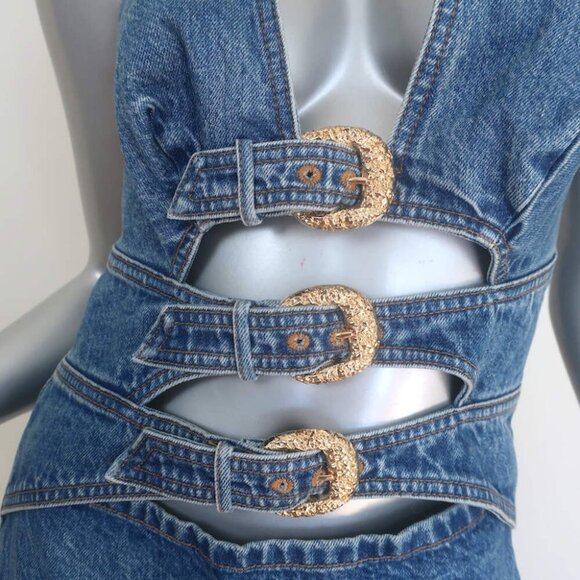 Cult Gaia Anice Buckled Cutout Halter Mini Dress Blue Denim Size 10 NEW - Picture 2 of 9
